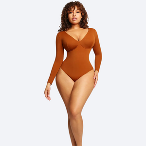 High Waist Tummy Control Thong Bodysuit – V-Neck Long Sleeve Winteres