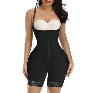 Black shapewear bodysuit with lace trim on a white background