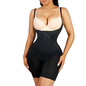 Black shapewear worn by a model on a white background