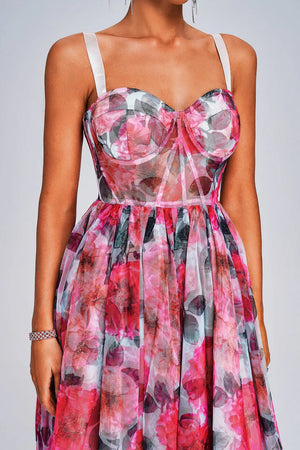 Women Sleeveless Hot Pink Floral Corset Mesh Midi Dress Winteres