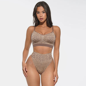 Leopard Print Shapewear Wireless Bra with Matching Mid-Waist Panties Set Winteres