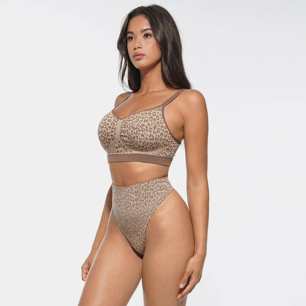 Leopard Print Shapewear Wireless Bra with Matching Mid-Waist Panties Set Winteres