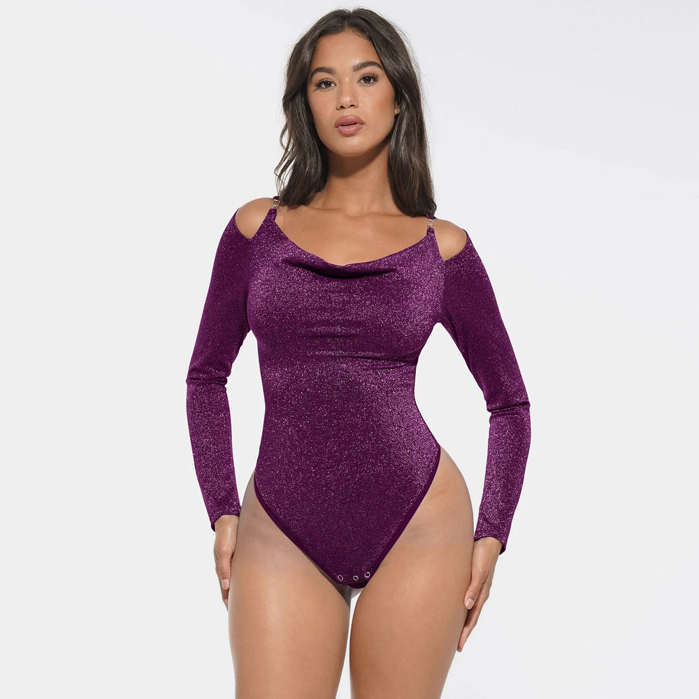 Shaping Bodysuit - Long Sleeves, Shiny Effect, Built-in Bra & Thong Winteres