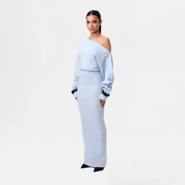Our cozy knit sweater dress brings all the cool-weather-feels with an off-shoulder design, long loose sleeves, and an oversized sweater-look at the bust. Allow it to