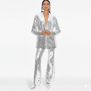Person wearing a sparkling silver suit on a white background
