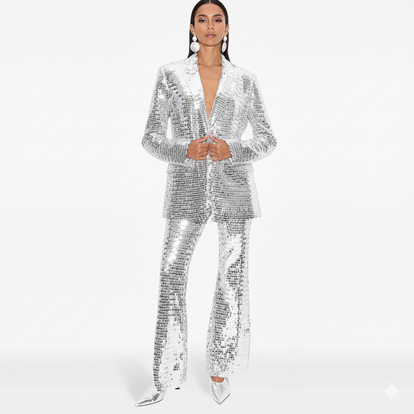 Person wearing a sparkling silver suit on a white background