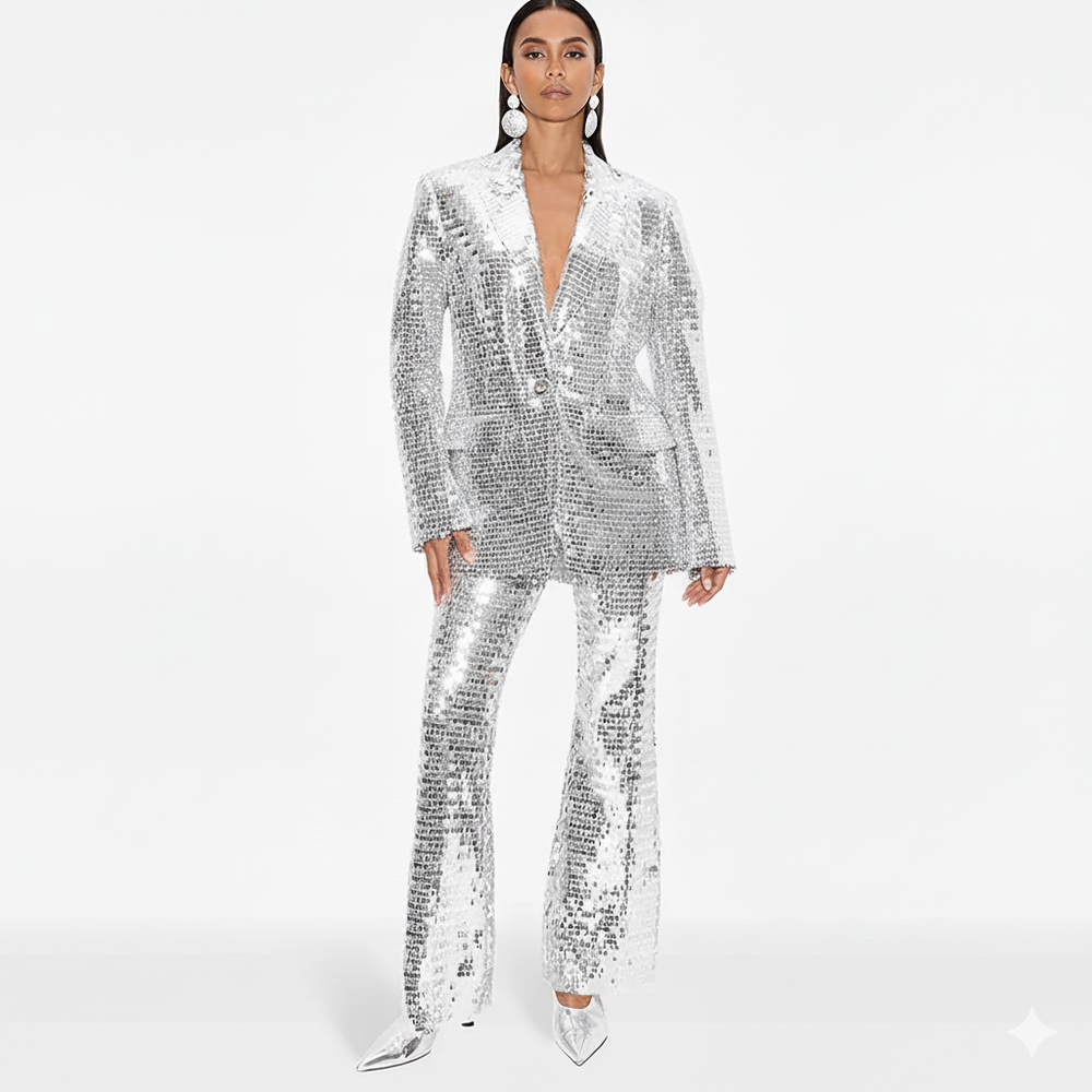 Person wearing a silver sequin suit on a white background