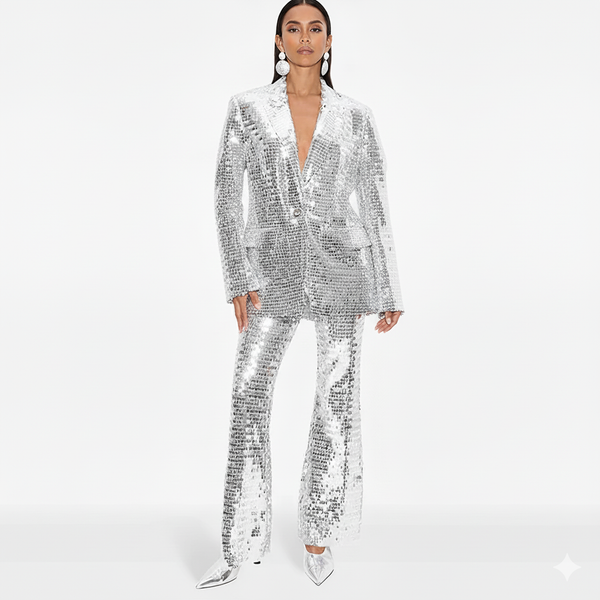 Person wearing a silver sequin suit on a white background