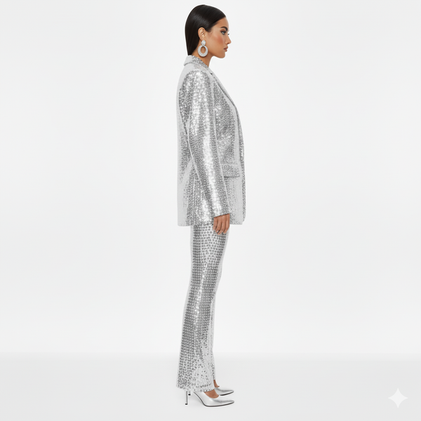 Person wearing a silver sequin suit on a white background