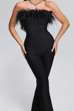 BEISHI Elegant Black One Piece Bodycon Playsuit Solid Strapless Off the Shoulder Bandage Jumpsuit Feather Women Winteres