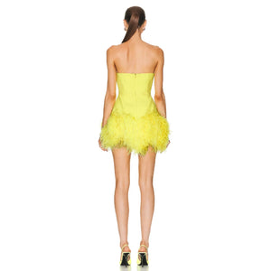 High Quality Deep v Strapless Dress Feather Sheath Short Evening Dress Party Yellow Bandage Dresses Winteres