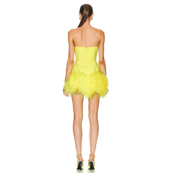 High Quality Deep v Strapless Dress Feather Sheath Short Evening Dress Party Yellow Bandage Dresses Winteres