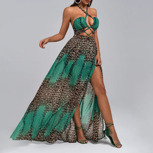 BEISHI Custom Manufacturer Halter Neck Sexy Slit Long Summer Casual Womens Maxi Dresses Animal Leopard Print Dresses for Women Winteres