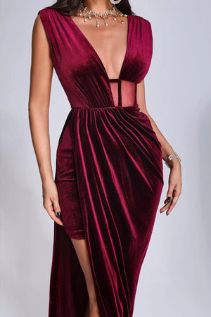 BEISHI Custom Clothing Manufacturer Wine Red Sexy Deep V Neck Sleeveless Evening Luxury Prom Velvet Maxi Women Dress Elegant Winteres
