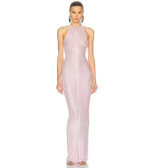 Bettergirl 2025 new  High end boutique pink see through hollow diamond hot stamping long dress Winteres