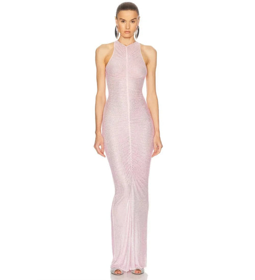 Bettergirl 2025 new  High end boutique pink see through hollow diamond hot stamping long dress Winteres