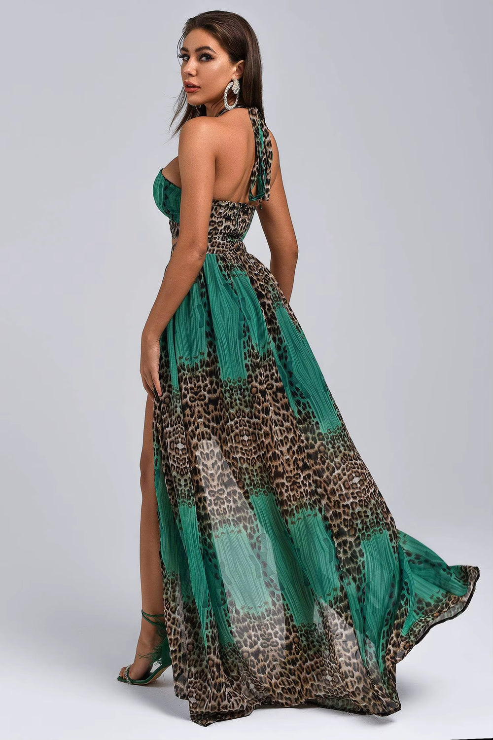 BEISHI Custom Manufacturer Halter Neck Sexy Slit Long Summer Casual Womens Maxi Dresses Animal Leopard Print Dresses for Women Winteres