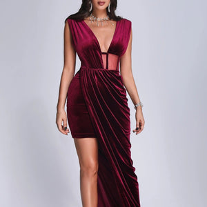 BEISHI Custom Clothing Manufacturer Wine Red Sexy Deep V Neck Sleeveless Evening Luxury Prom Velvet Maxi Women Dress Elegant Winteres