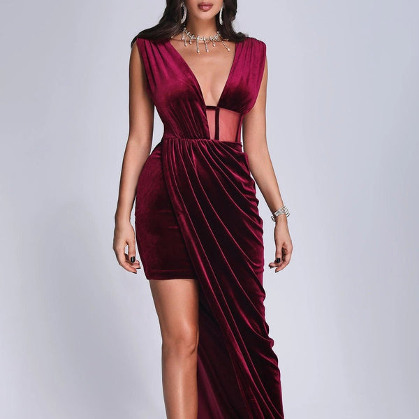 BEISHI Custom Clothing Manufacturer Wine Red Sexy Deep V Neck Sleeveless Evening Luxury Prom Velvet Maxi Women Dress Elegant Winteres