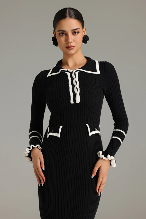 Bella Barnett Black Long Sleeve Flounced Knitted Midi Dress Ladies Vestidos Women Elegant Summer Casual Dresses Winteres