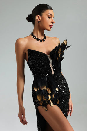 Soloma Rebel Sequins Feather Slit Maxi Dress Winteres