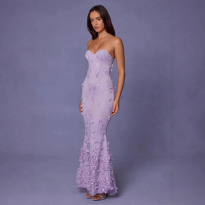 New Fashion 2025 High Quality 3D Flower Long Halter Purple Dress Slim Sexy Elegant Evening Dress Winteres