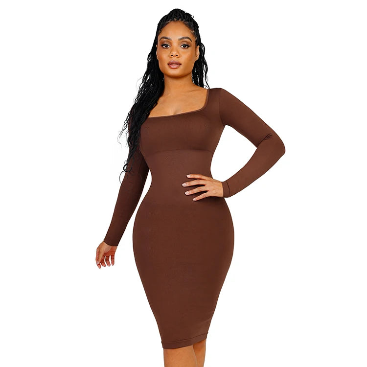 Long Sleeve Bodycon Dress with Built-in Shapewear Winteres