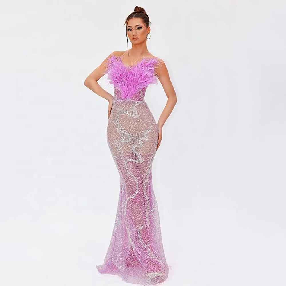 Formal Party Dresses for Women Luxury Feathers Patchwork Mesh Sparkling Sequins Prom Maxi Long Gowns Formal Occasion Dresses Winteres