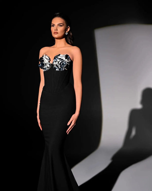 Black Strapless 3D Structured Flowers Long Dress Patchwork Sleeveless Backless Mermaid Party Cocktail Evening Gown Vestido Winteres