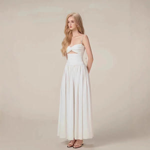 High-quality Vietnam Hollow Out Halter White Dress Pleated Elegant Long Casual Dress Winteres