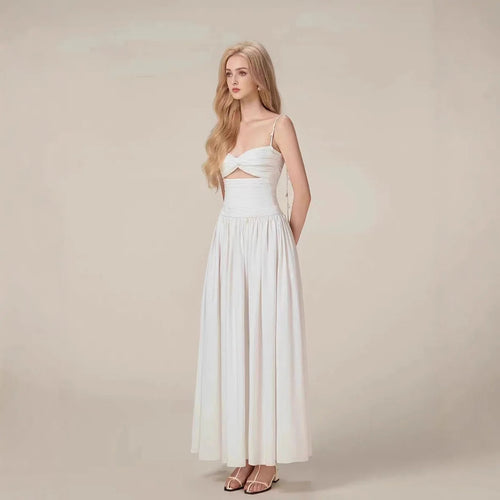 High-quality Vietnam Hollow Out Halter White Dress Pleated Elegant Long Casual Dress Winteres