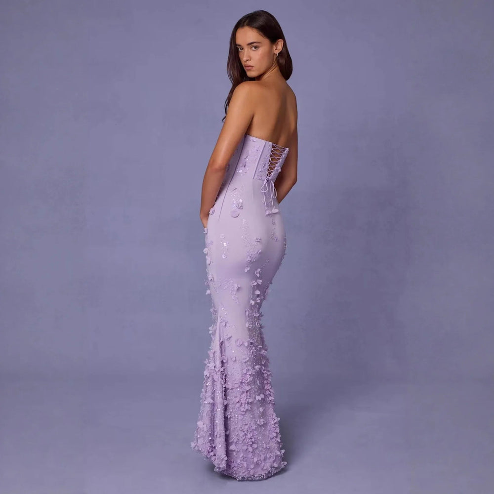 New Fashion 2025 High Quality 3D Flower Long Halter Purple Dress Slim Sexy Elegant Evening Dress Winteres