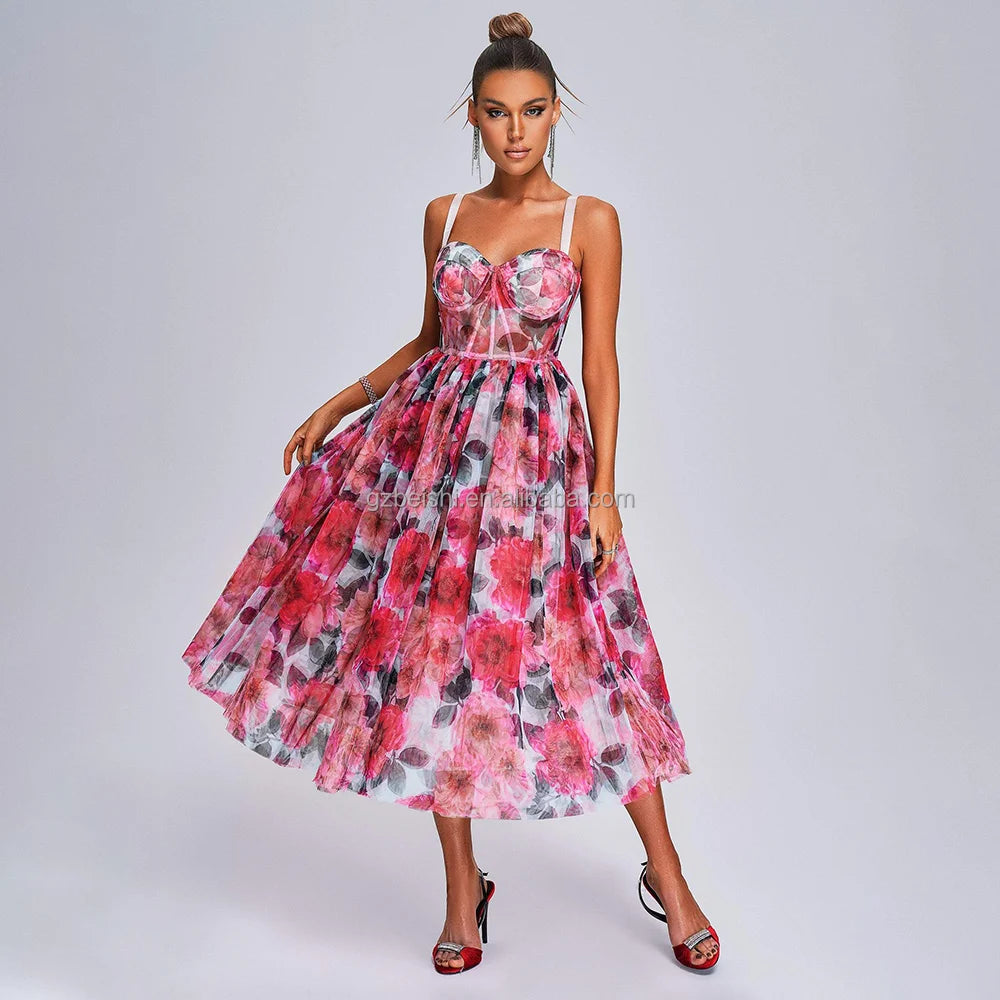 Women Sleeveless Hot Pink Floral Corset Mesh Midi Dress Winteres