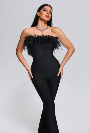 BEISHI Elegant Black One Piece Bodycon Playsuit Solid Strapless Off the Shoulder Bandage Jumpsuit Feather Women Winteres