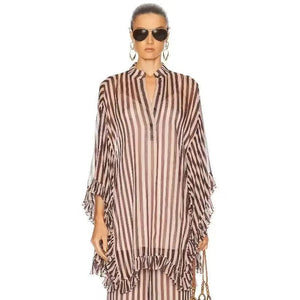 A10615 Migugarment Summer Spring Party Dress for Ladies V-neck Two-piece Long Set Button Tassel Embellishments Striped Dress Winteres