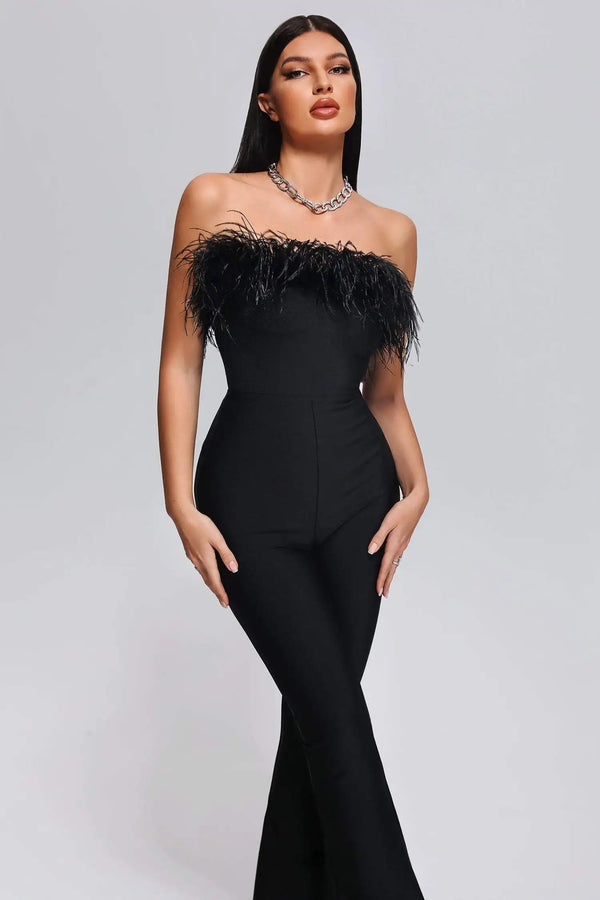 BEISHI Elegant Black One Piece Bodycon Playsuit Solid Strapless Off the Shoulder Bandage Jumpsuit Feather Women Winteres