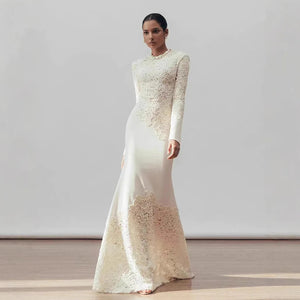 Fashion Luxury High Quality Vintage Elegant Hook Flower Fishtail White Dress 2024 Winter New Tight Banquet Evening Dress Winteres