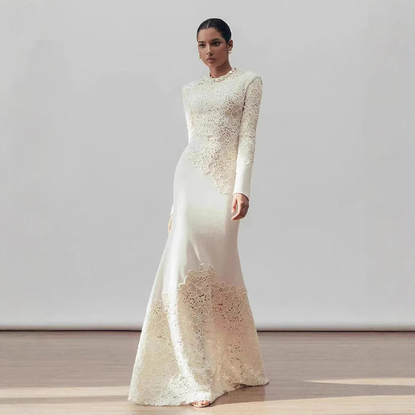 Fashion Luxury High Quality Vintage Elegant Hook Flower Fishtail White Dress 2024 Winter New Tight Banquet Evening Dress Winteres