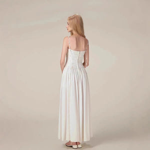 High-quality Vietnam Hollow Out Halter White Dress Pleated Elegant Long Casual Dress Winteres