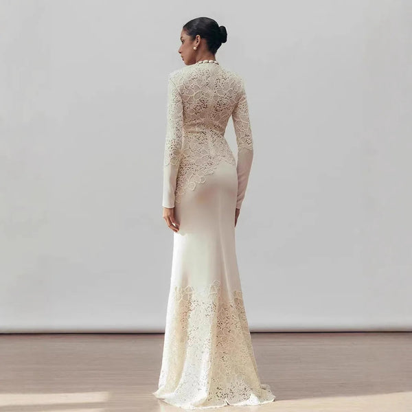 Fashion Luxury High Quality Vintage Elegant Hook Flower Fishtail White Dress 2024 Winter New Tight Banquet Evening Dress Winteres