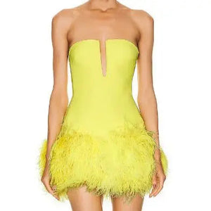 High Quality Deep v Strapless Dress Feather Sheath Short Evening Dress Party Yellow Bandage Dresses Winteres