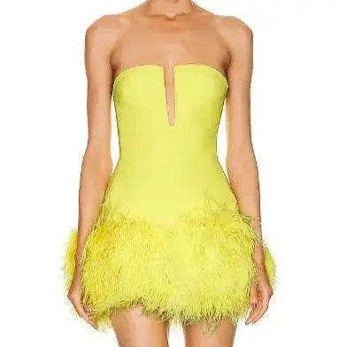 High Quality Deep v Strapless Dress Feather Sheath Short Evening Dress Party Yellow Bandage Dresses Winteres