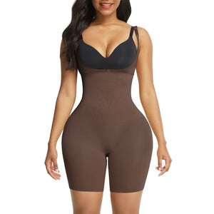 Woman wearing a brown shapewear bodysuit on a white background