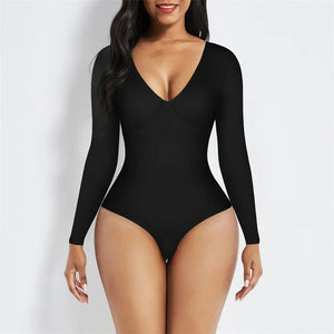 High Waist Tummy Control Thong Bodysuit – V-Neck Long Sleeve Winteres