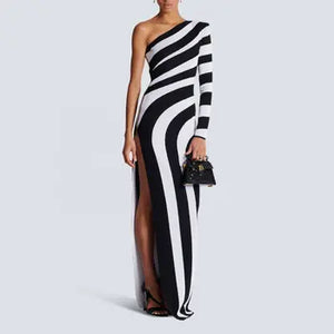 Women Sexy One Shoulder Striped Dress