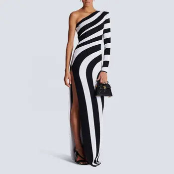 Women Sexy One Shoulder Striped Dress