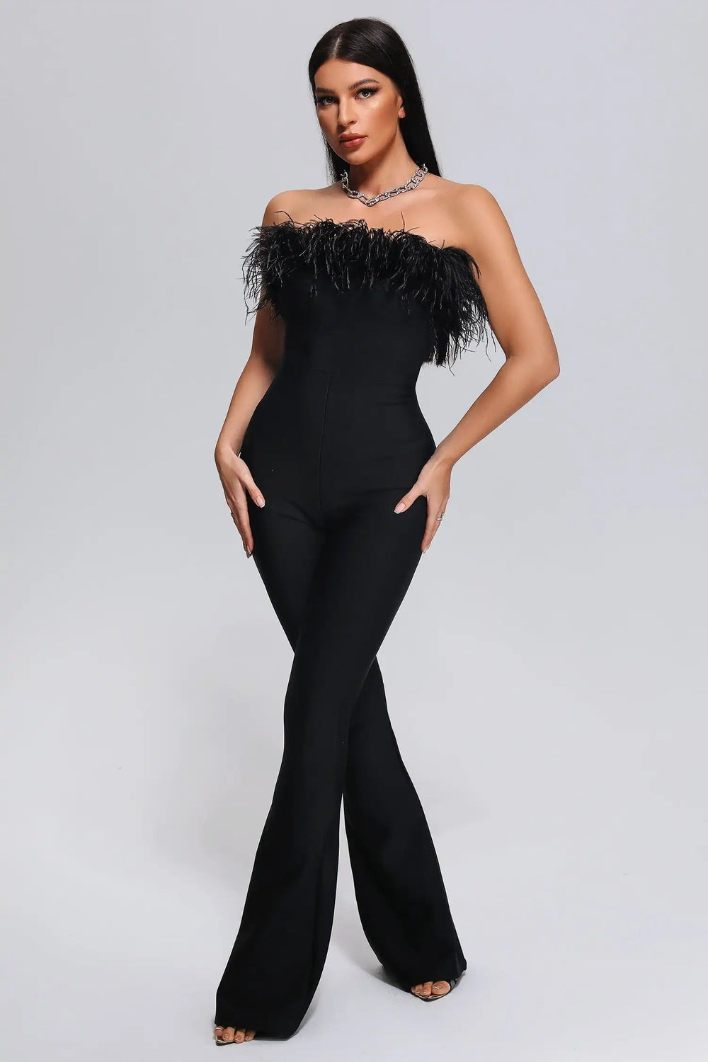 BEISHI Elegant Black One Piece Bodycon Playsuit Solid Strapless Off the Shoulder Bandage Jumpsuit Feather Women Winteres