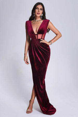 BEISHI Custom Clothing Manufacturer Wine Red Sexy Deep V Neck Sleeveless Evening Luxury Prom Velvet Maxi Women Dress Elegant Winteres