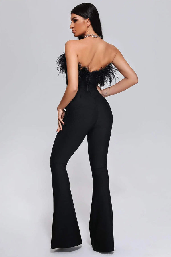 BEISHI Elegant Black One Piece Bodycon Playsuit Solid Strapless Off the Shoulder Bandage Jumpsuit Feather Women Winteres