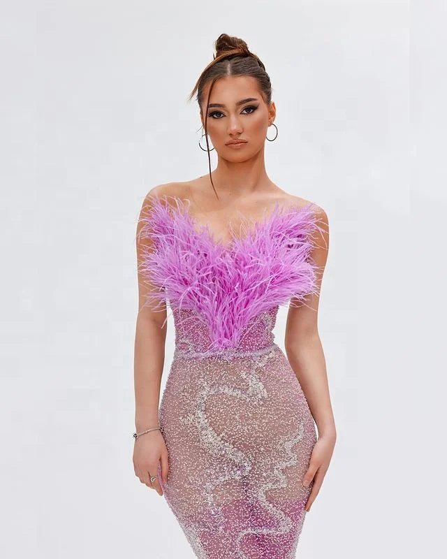 Formal Party Dresses for Women Luxury Feathers Patchwork Mesh Sparkling Sequins Prom Maxi Long Gowns Formal Occasion Dresses Winteres